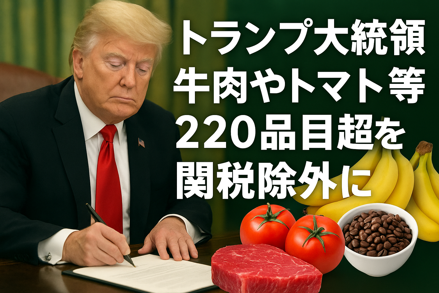 トランプ大統領が牛肉やトマトなど220品目超の関税除外を発表するニュースのアイキャッチ画像