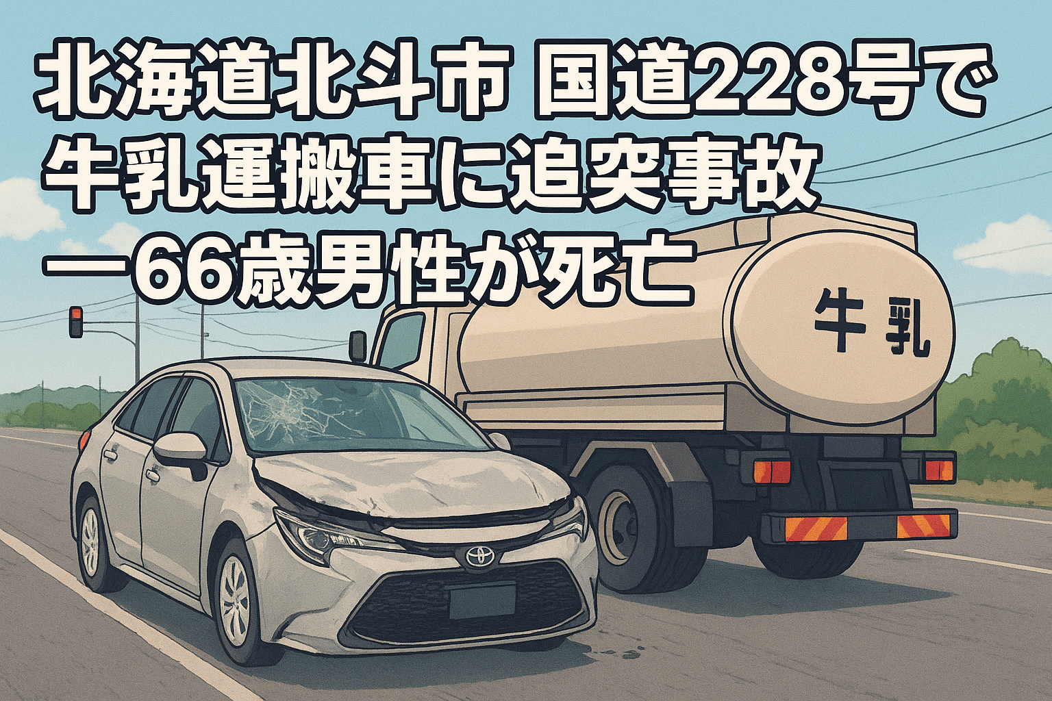 北海道北斗市 国道228号の牛乳運搬車追突事故を描いたイラストアイキャッチ画像