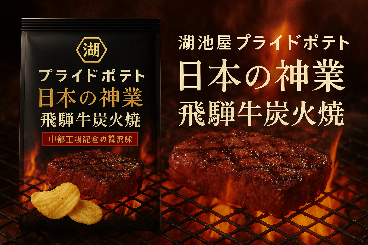 湖池屋プライドポテト日本の神業飛騨牛炭火焼のパッケージと炭火で焼かれる飛騨牛のイメージ