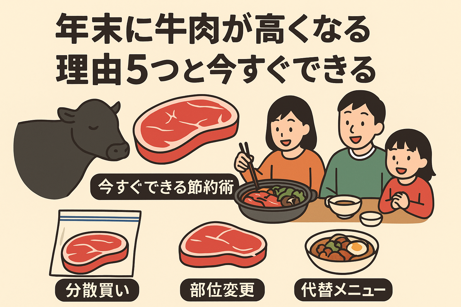 年末に牛肉が高くなる理由と節約術をまとめたアイキャッチ画像（すき焼きを囲む家族のイラスト付き）