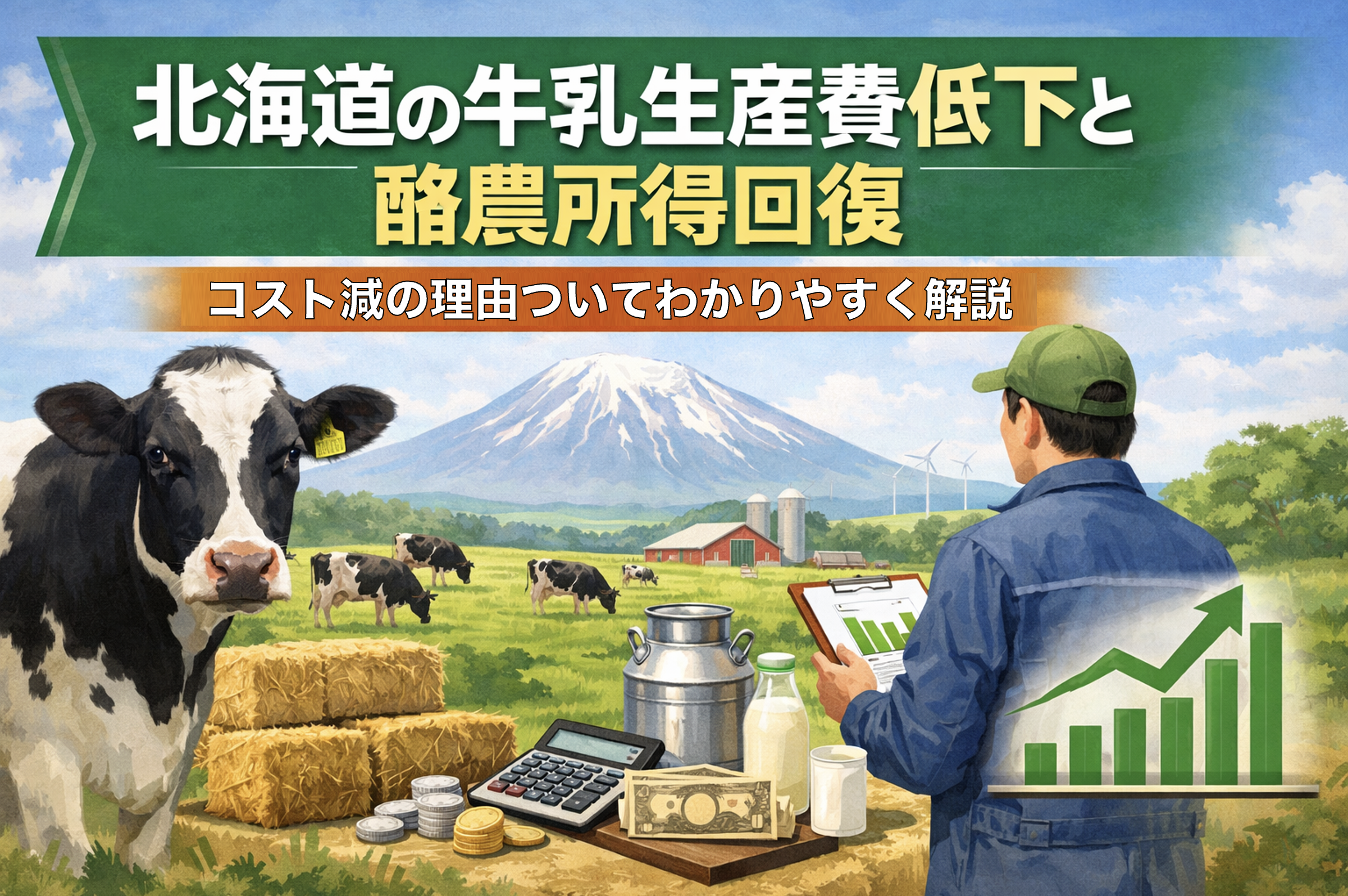 北海道の牛乳生産費低下と酪農家所得回復を示す図解イメージ（2024年 農水省データ）