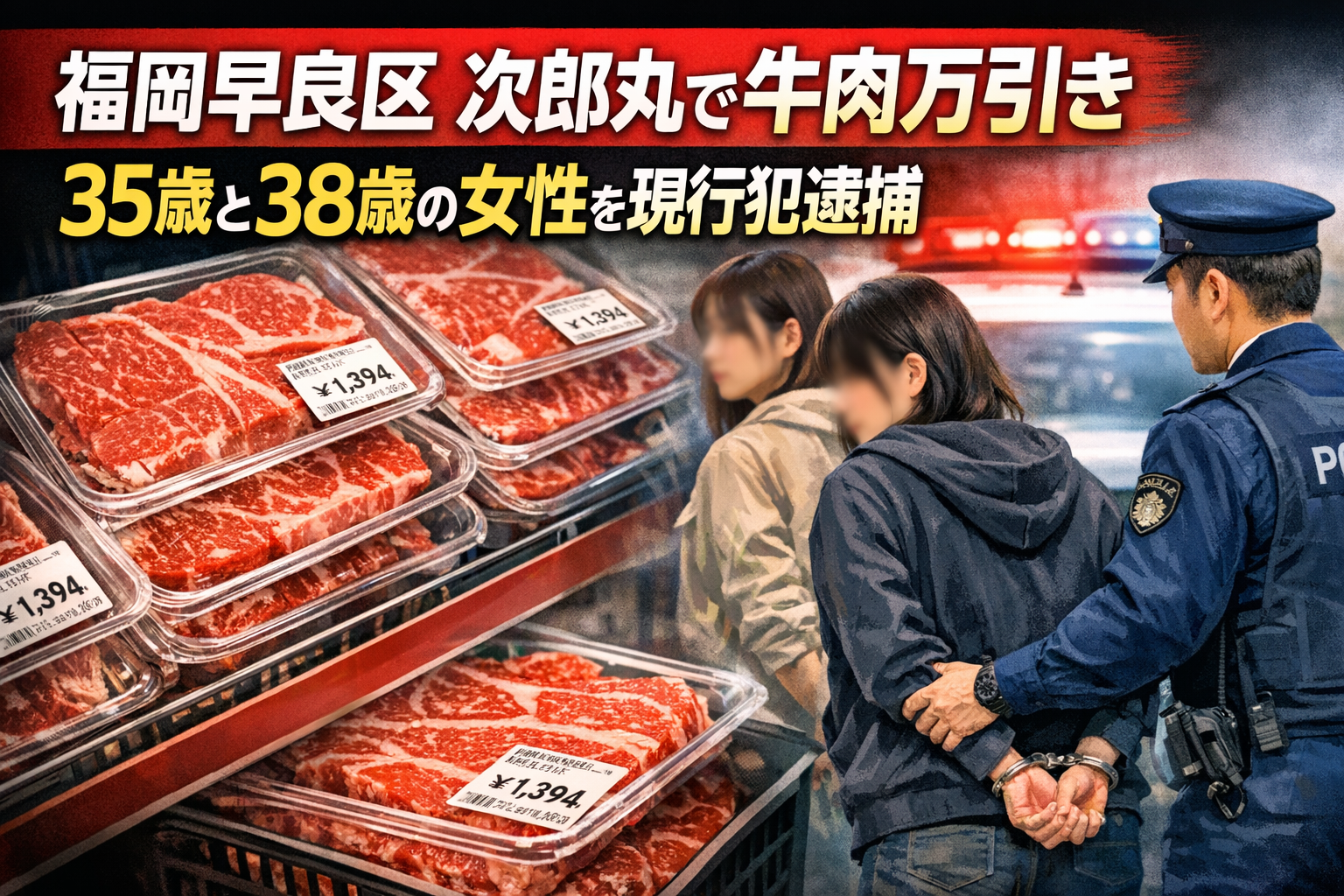 福岡市早良区次郎丸のスーパーで牛肉万引き、35歳と38歳の女性が現行犯逮捕された現場イメージ