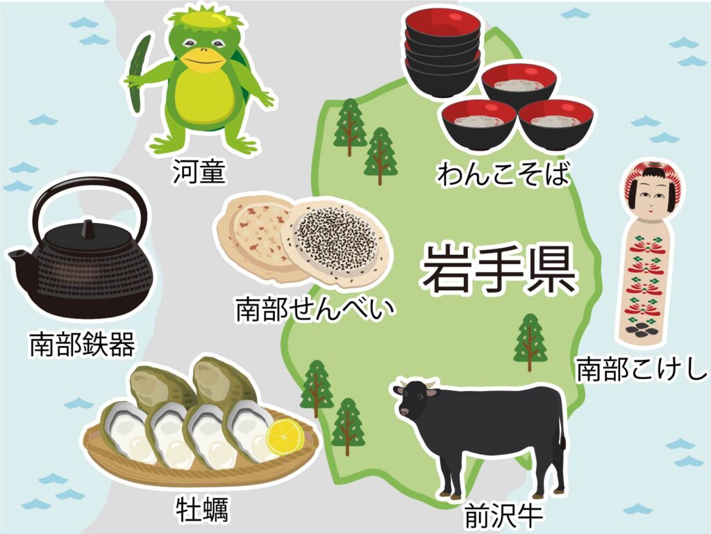 岩手県の特産品や名産品を名称付きで示した観光マップと前沢牛