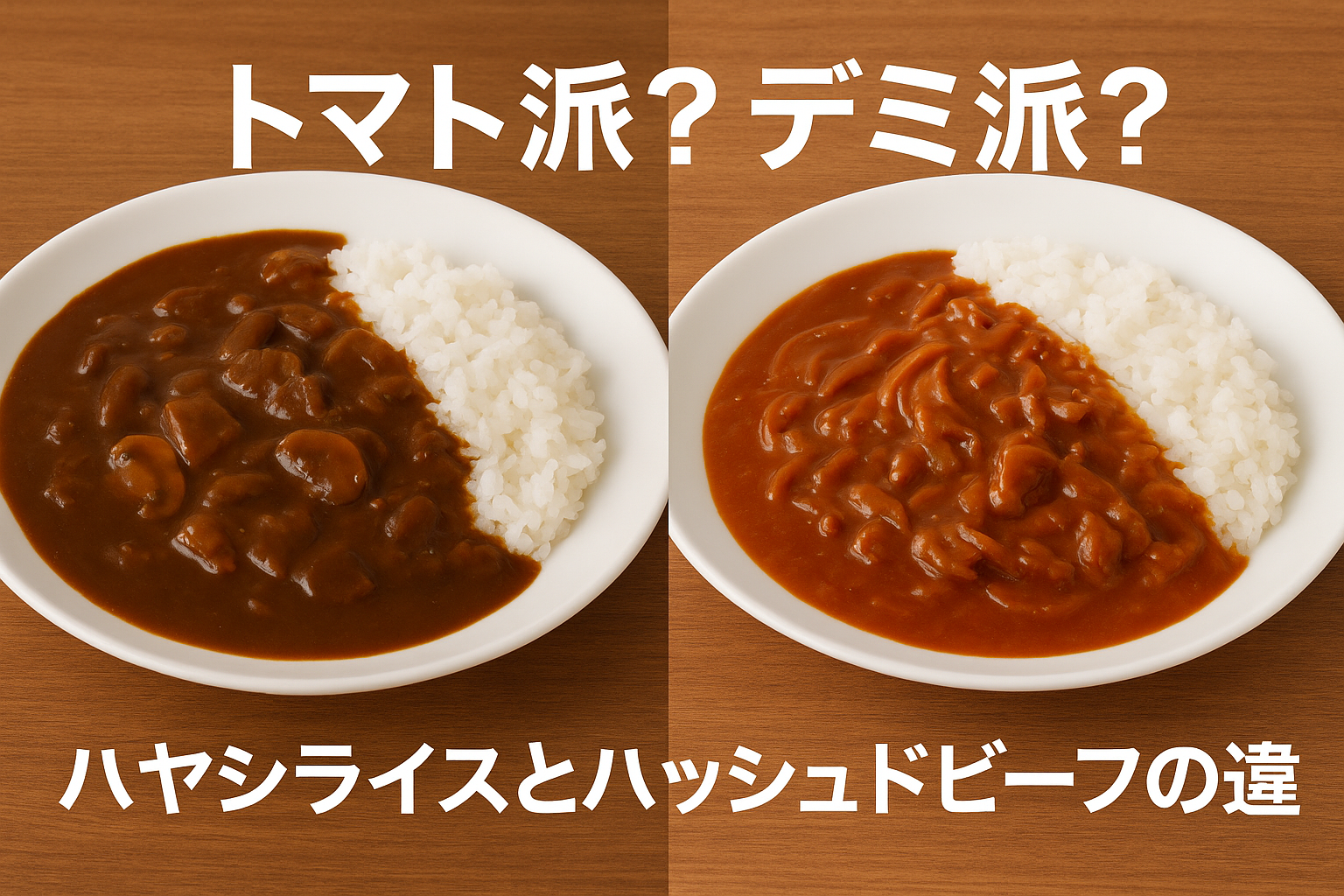 ハッシュドビーフとハヤシライスの違いを比較した料理写真｜デミグラス系とトマト系ソース
