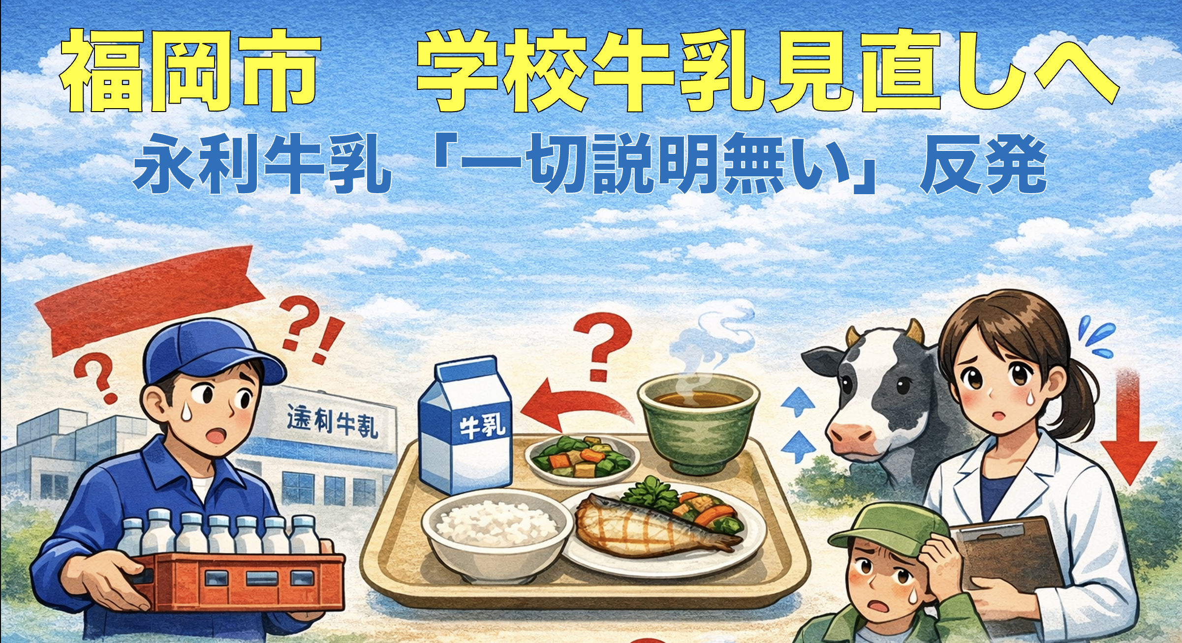 福岡市の学校給食で牛乳提供見直しが検討され、給食献立と酪農・乳業への影響を示すイメージ