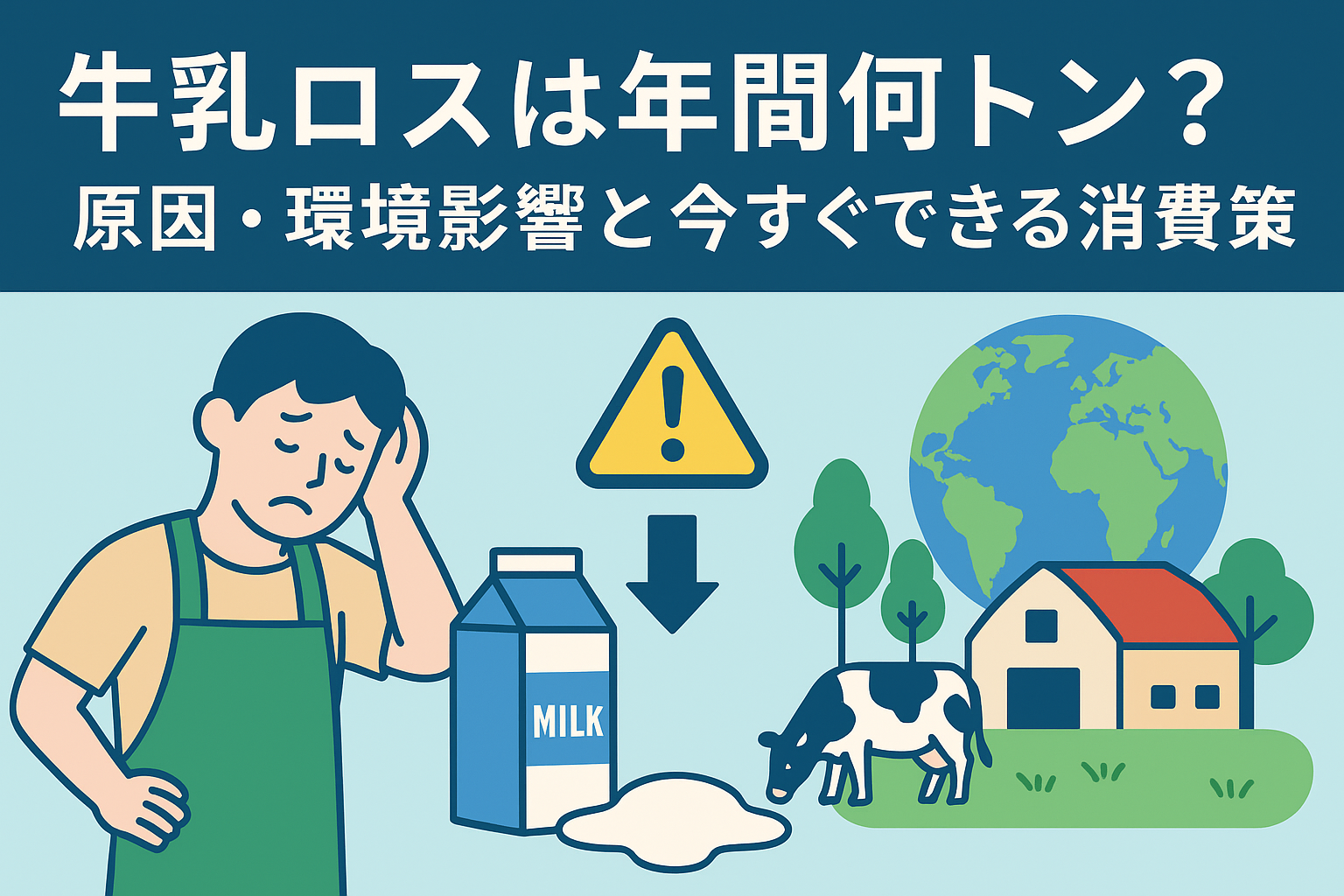 牛乳ロス（生乳廃棄）の問題を示すアイキャッチ画像：酪農家と牛、牛乳パックとこぼれる牛乳、地球と牧場を配置し「牛乳ロスは年間何トン？」の日本語タイトルを重ねたビジュアル（牛乳ロス、生乳廃棄、消費策）。