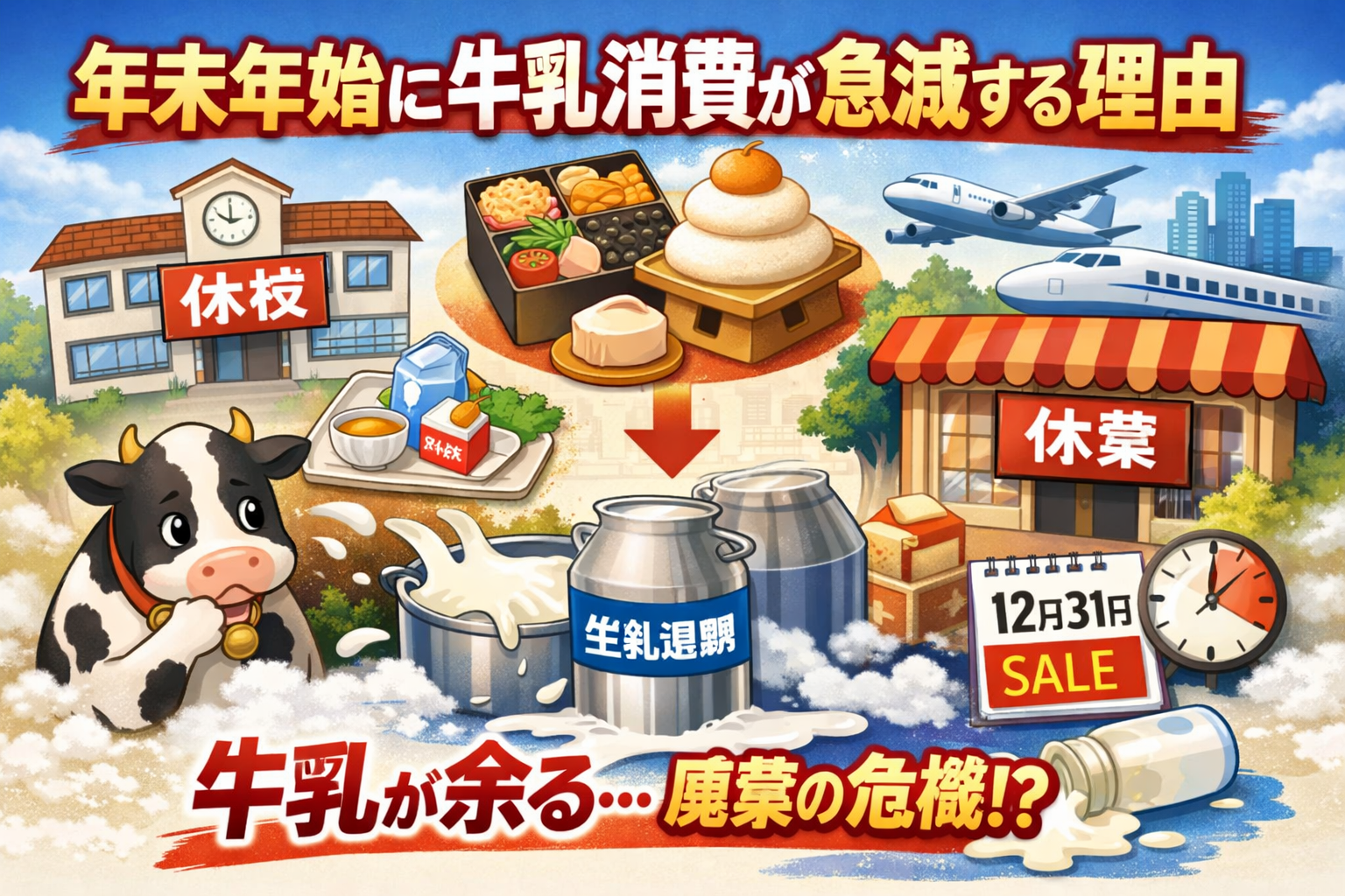年末年始に牛乳消費が急減する理由を図解｜学校給食停止で生乳が余る仕組み