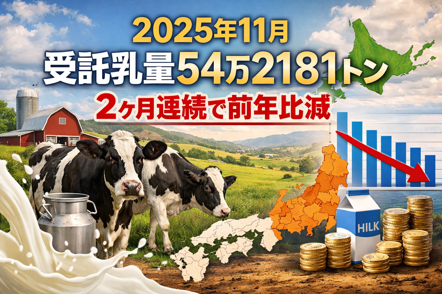 2025年11月の生乳受託乳量が前年比0.6％減となり2ヶ月連続で減少したことを示す酪農統計イメージ