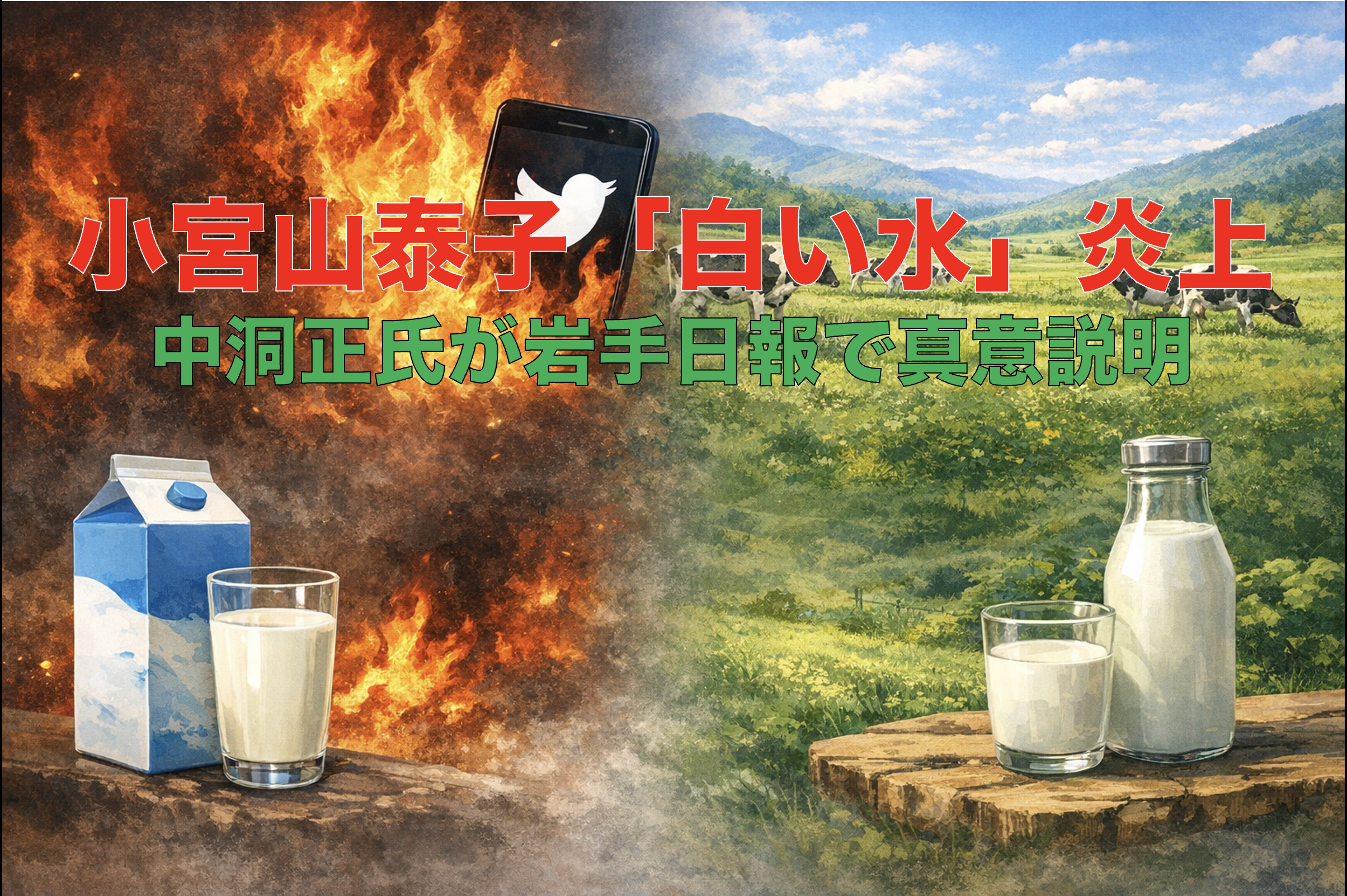 SNS炎上を象徴する炎とスマートフォン、放牧牛と牛乳を対比した牛乳の生産方法と価値観の違いを表すイメージ