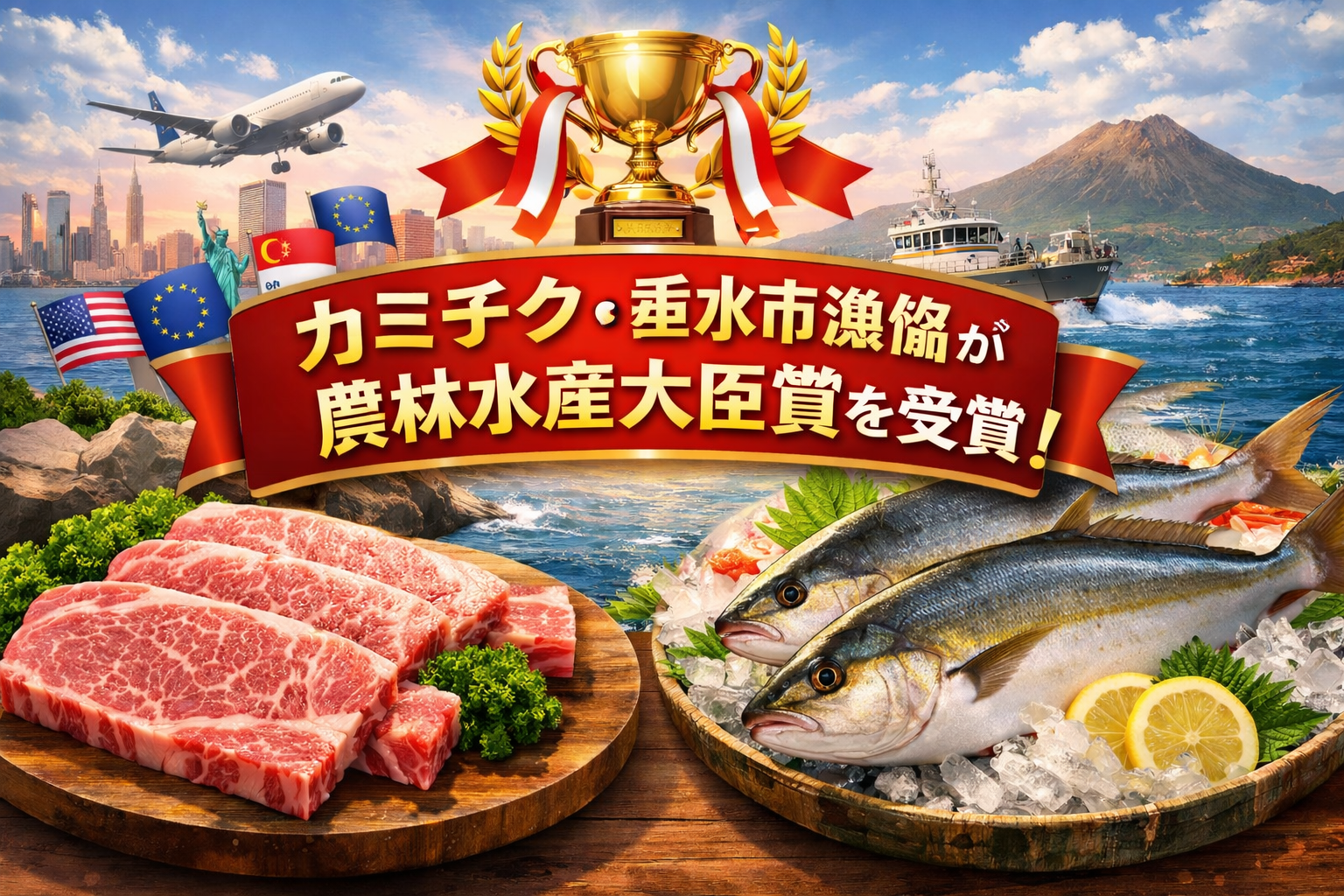 カミチクと垂水市漁協が農林水産大臣賞を受賞　和牛輸出とカンパチブランド海の桜勘の海外展開