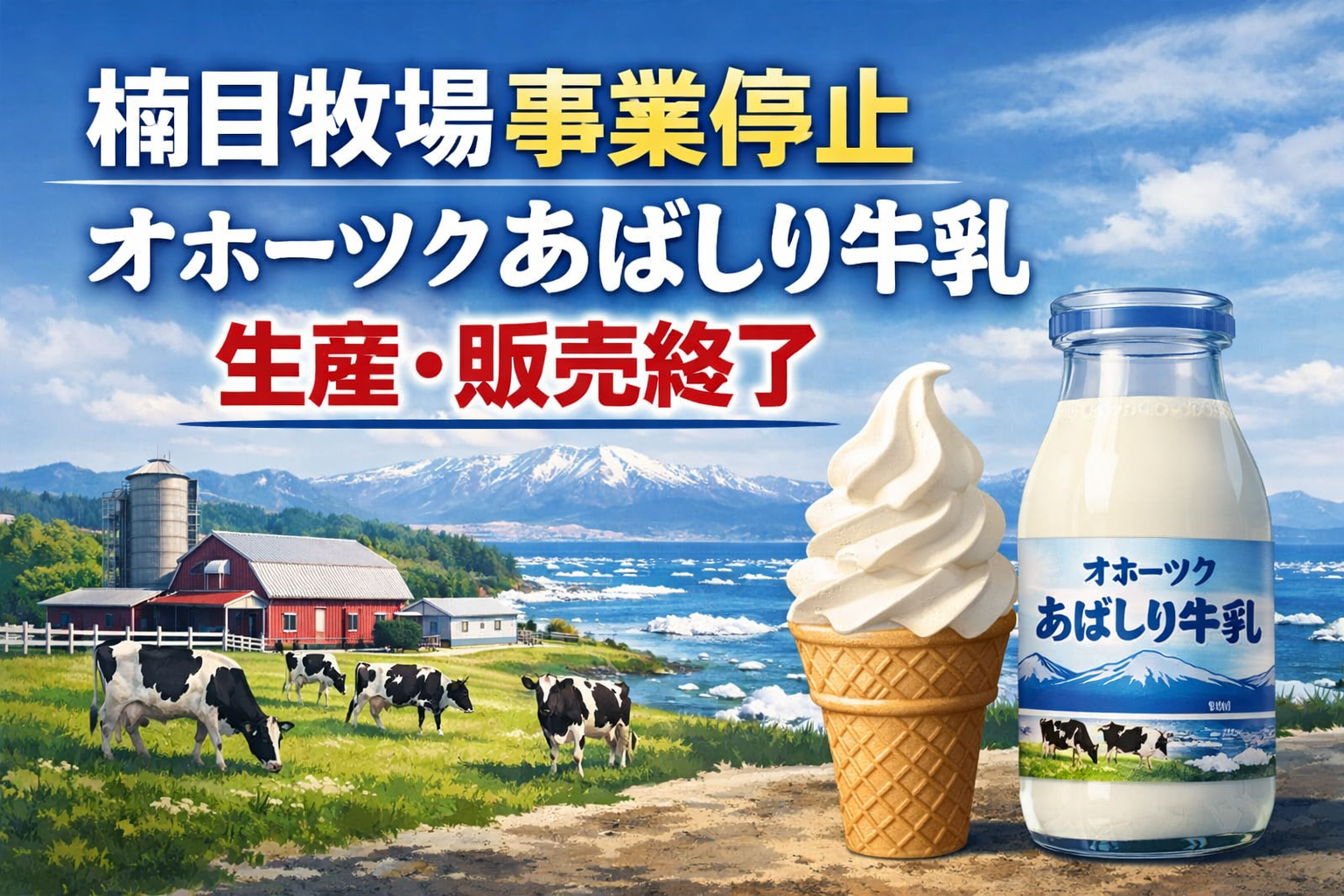 楠目牧場の事業停止によりオホーツクあばしり牛乳の生産・販売終了を伝えるイメージ