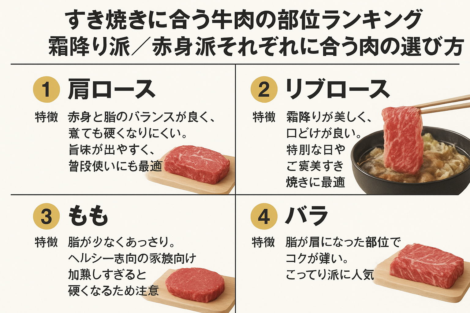すき焼きに合う牛肉部位ランキング：肩ロース・リブロース・もも・バラの特徴と家庭で失敗しない火通しのコツ