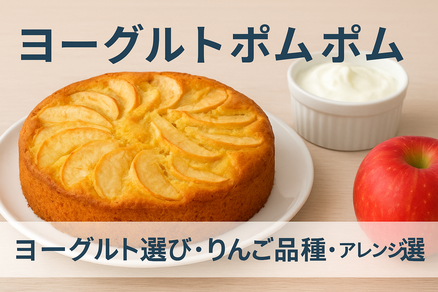 ヨーグルトポムポム（ヨーグルトケーキ）｜ふわしっとりの丸型ケーキにスライスりんご、横にヨーグルトとりんご。レシピ・作り方解説用のアイキャッチ画像