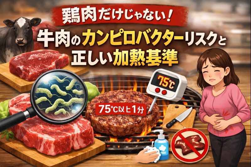 牛肉のカンピロバクター食中毒リスクと正しい加熱基準（中心温度75℃）を解説する図解イメージ