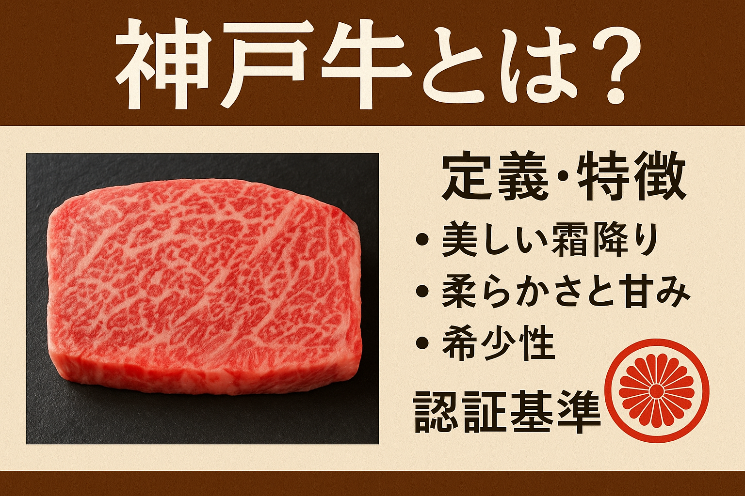 神戸牛の定義と特徴をまとめたアイキャッチ画像（霜降り肉と認証基準の解説）