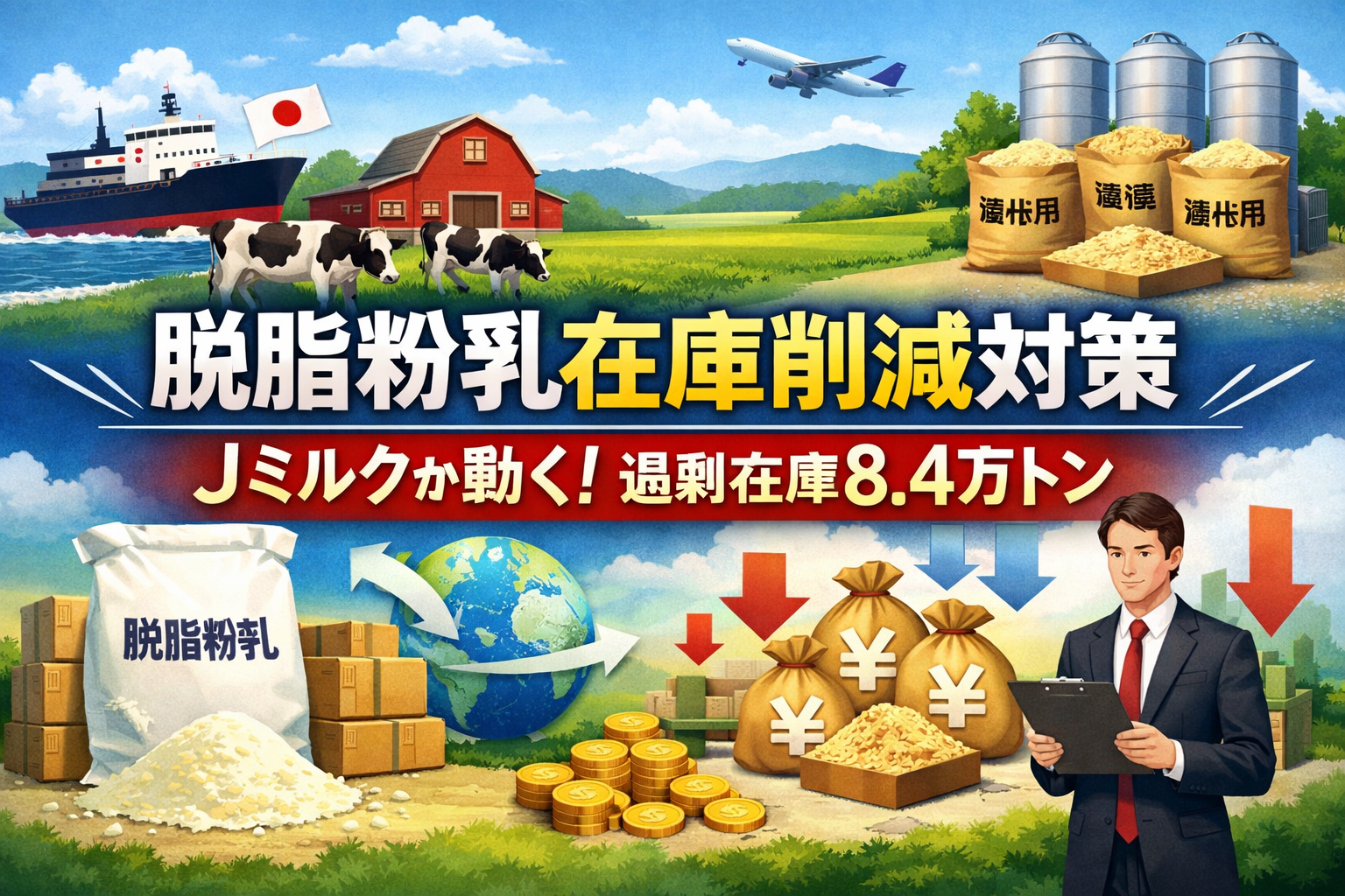 Jミルクが発動した脱脂粉乳在庫削減対策と過剰在庫8.4万トンの現状を示す図解イメージ
