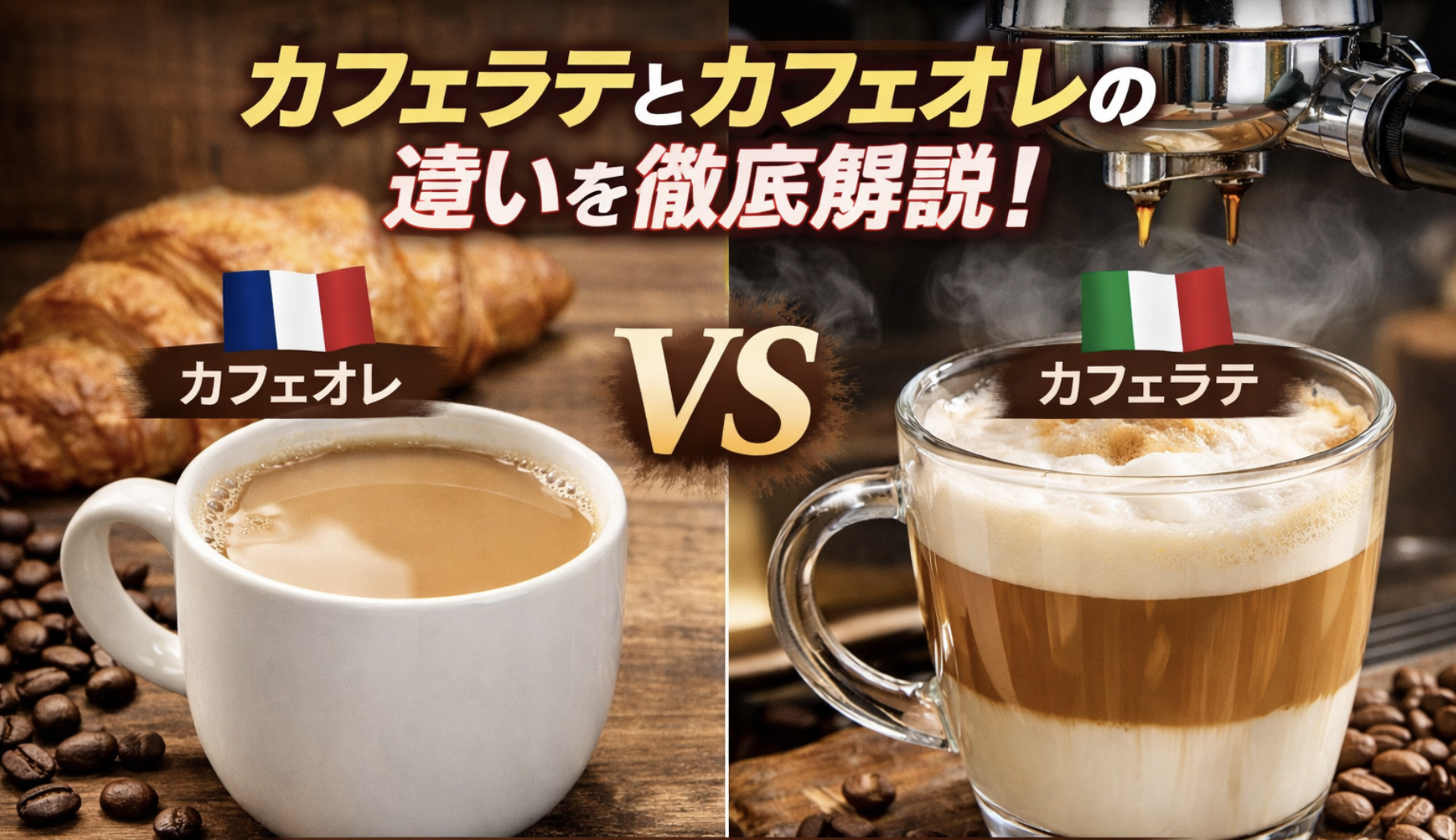 カフェラテとカフェオレの違いを比較した写真｜ミルク比率と抽出方法の違い