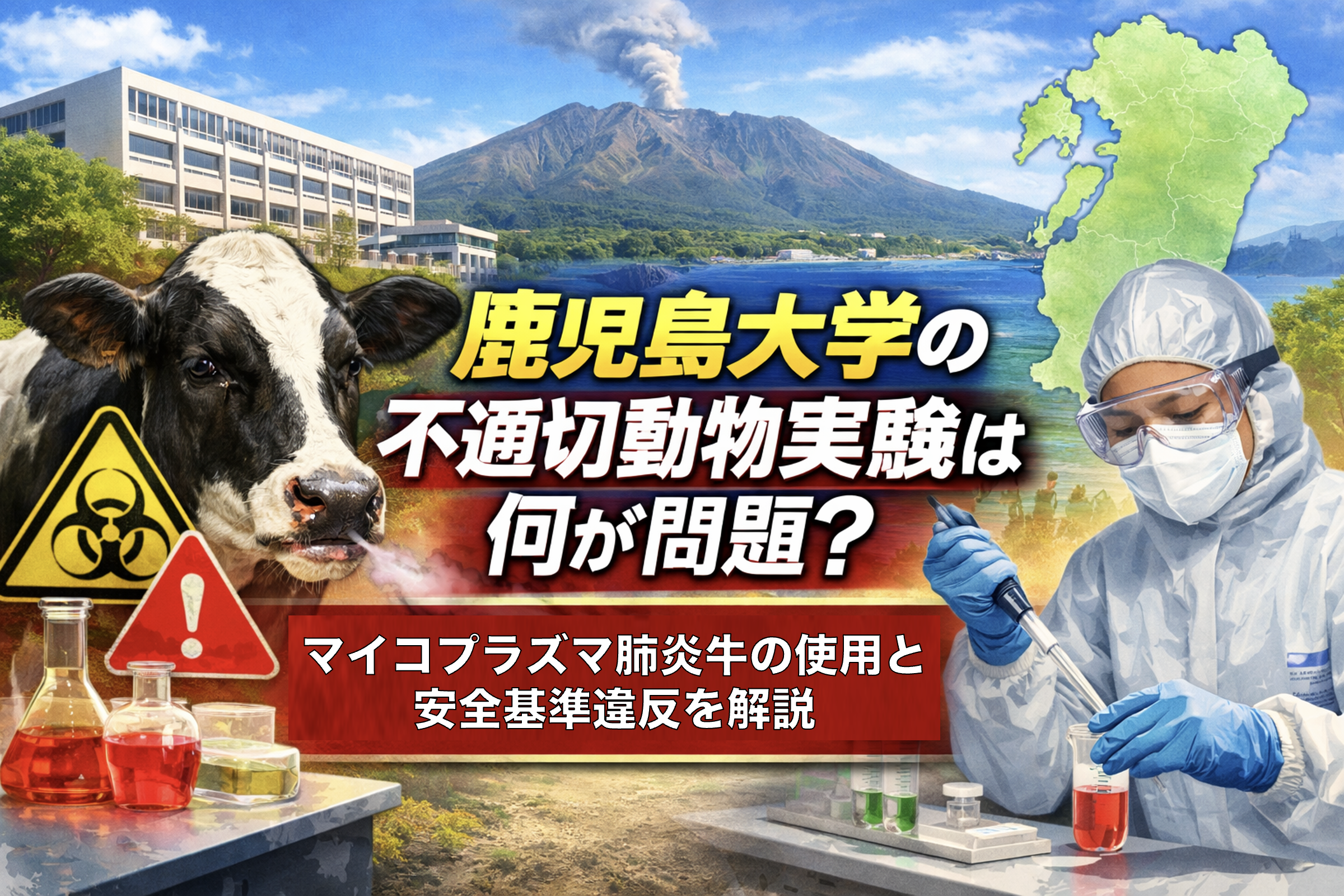 鹿児島大学で発覚した不適切な動物実験問題を示すイメージ。マイコプラズマ肺炎牛の使用と安全基準違反を解説