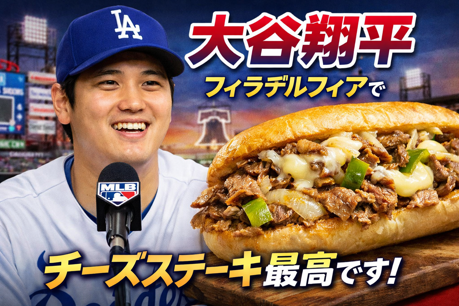 大谷翔平がフィラデルフィアで会見、名物チーズステーキを称賛する様子