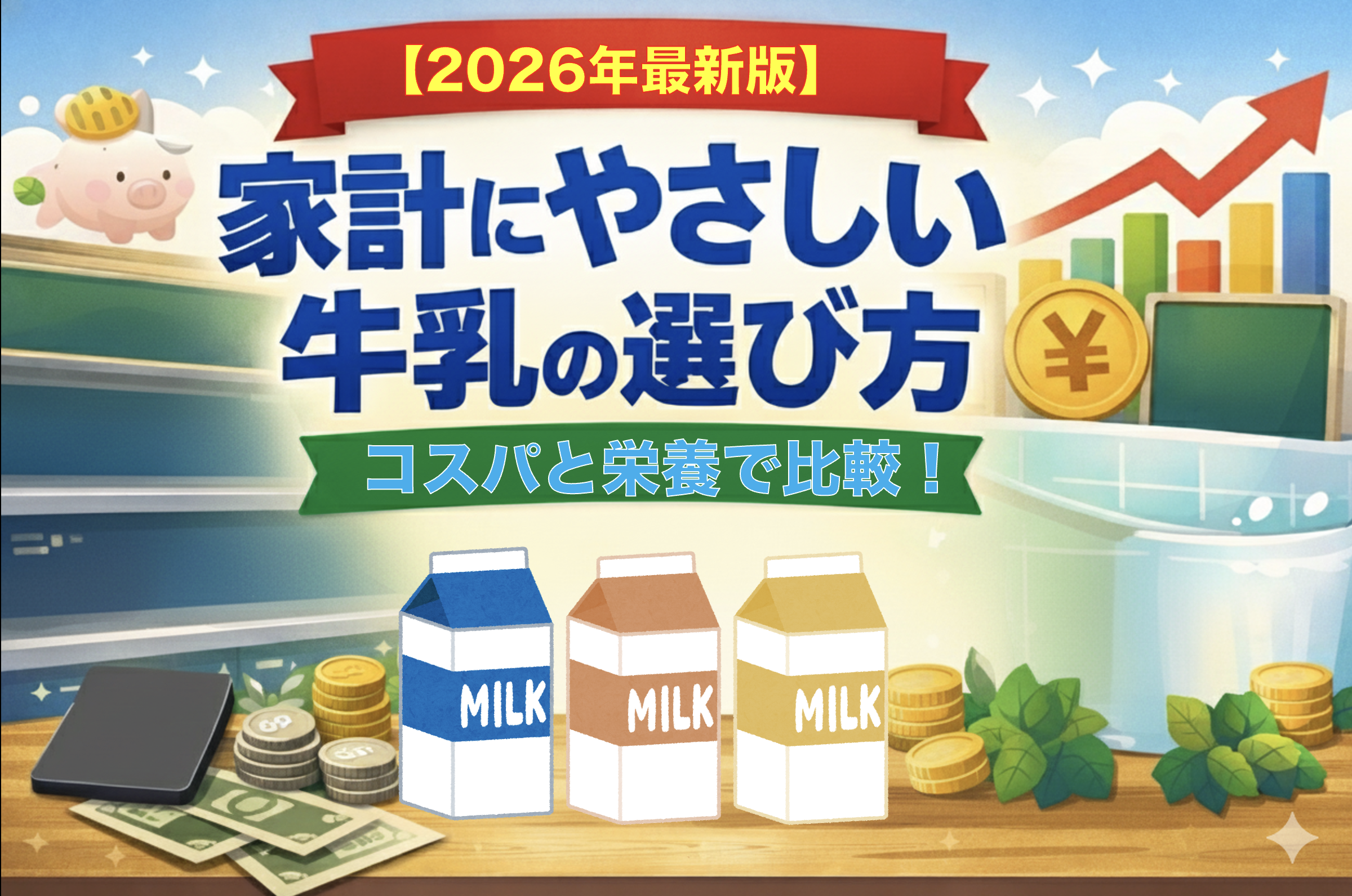 2026年最新版 家計にやさしい牛乳の選び方を解説するアイキャッチ画像 コスパと栄養を比較