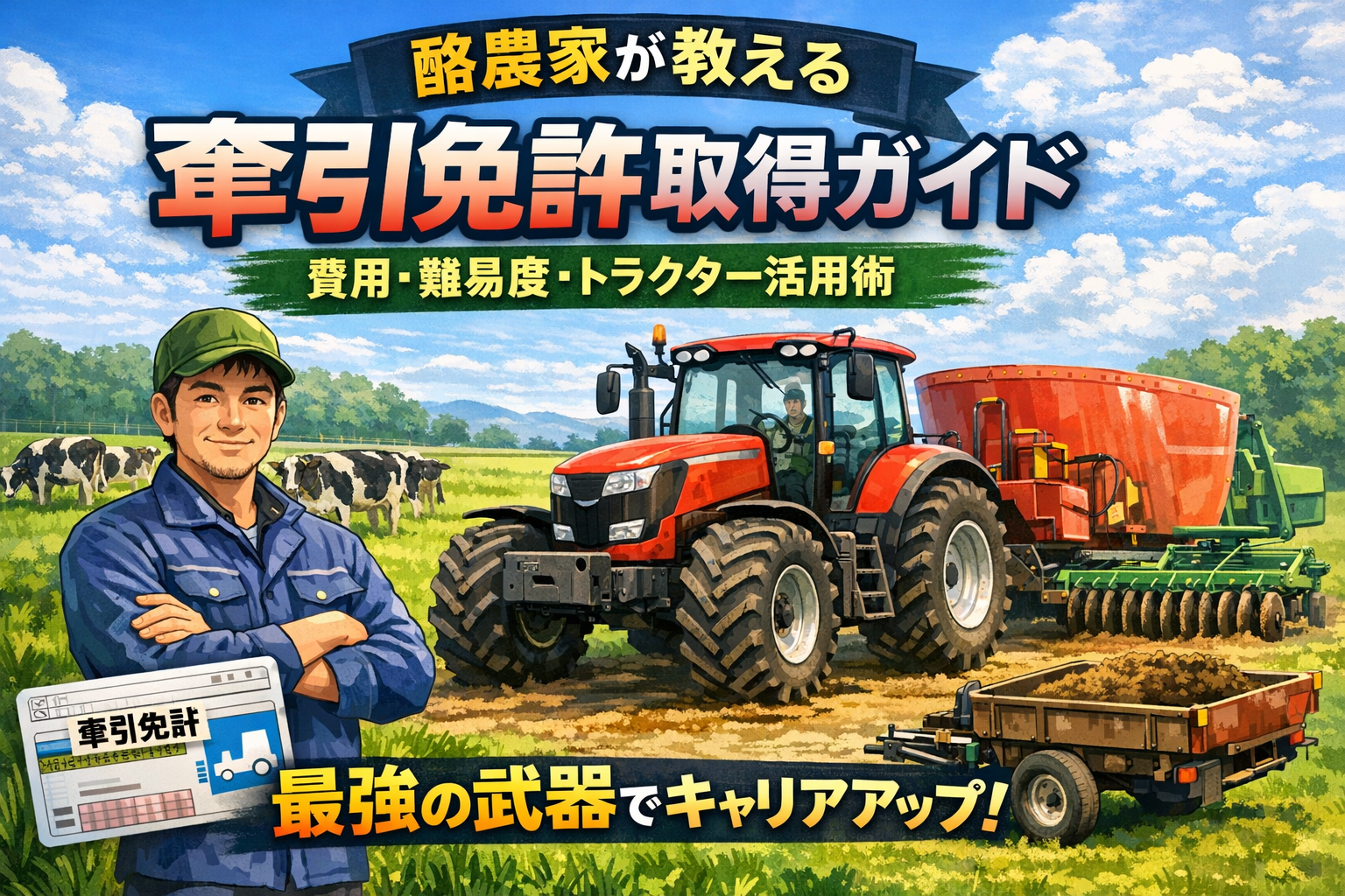 牽引免許でトラクターと大型ミキサーを連結する様子