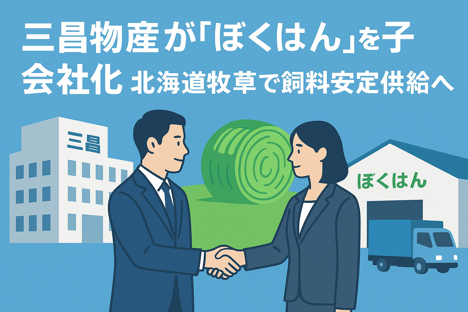 三昌物産がぼくはんを子会社化し北海道牧草で飼料安定供給を目指すM&Aのアイキャッチ画像