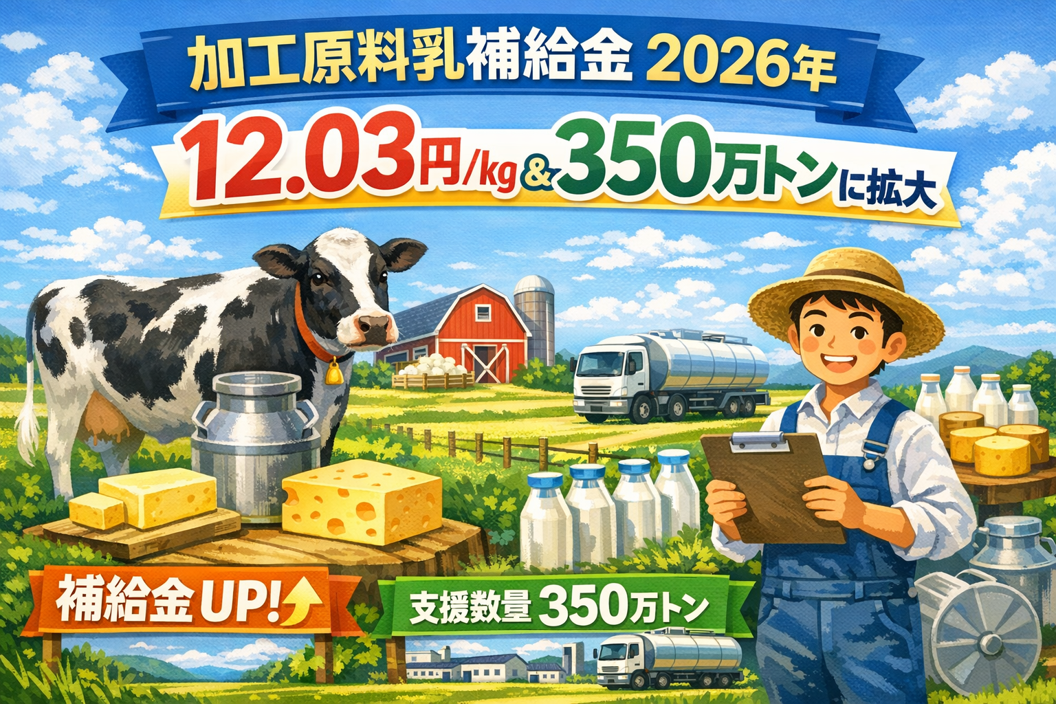 加工原料乳補給金2026年、12.03円/kgに引き上げと支援数量350万トン拡大を示す酪農イメージ