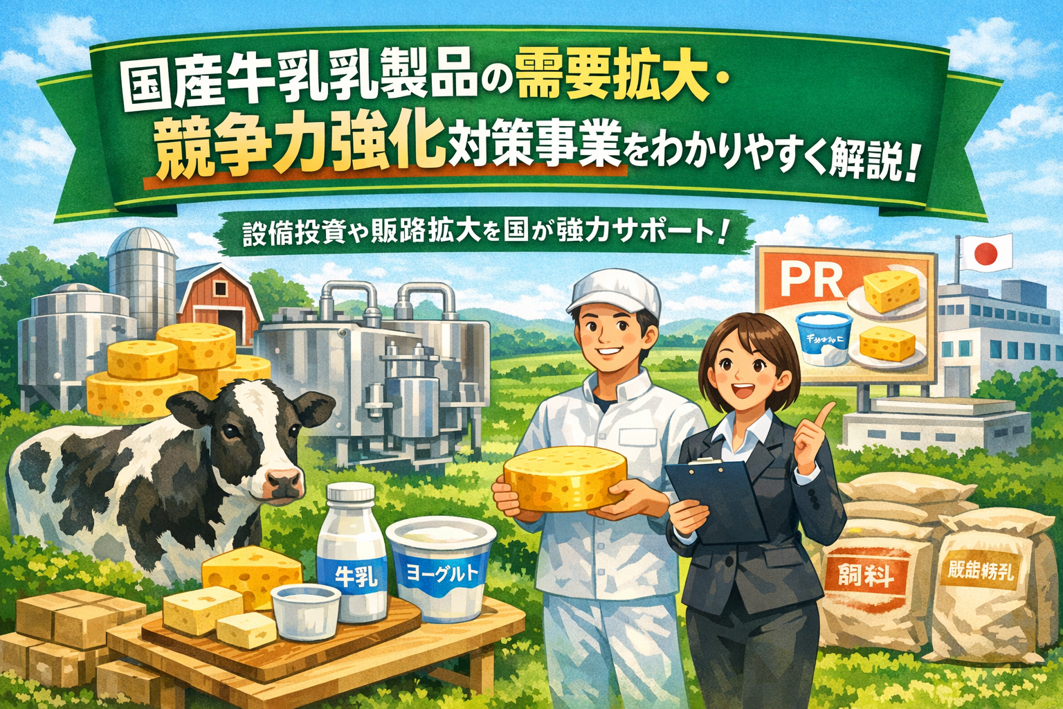 国産牛乳乳製品の需要拡大・競争力強化対策事業の補助金内容を解説するイメージ画像