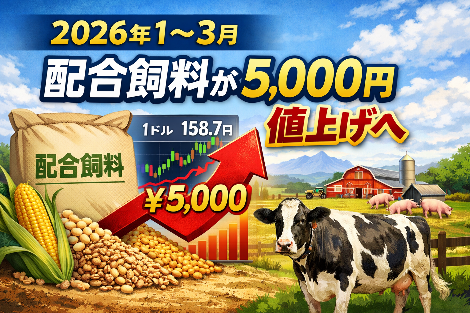 2026年1〜3月 配合飼料が約5,000円値上げする見通しを示す酪農・畜産向け解説イメージ