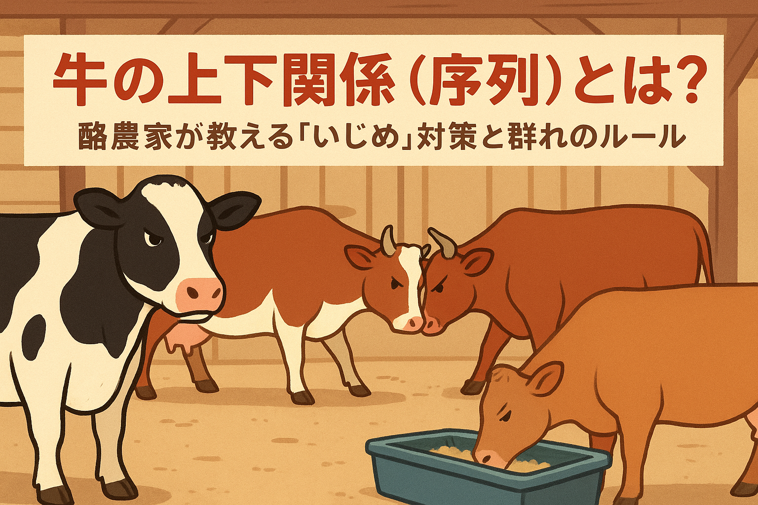 牛の上下関係（序列）を示す牛舎内の様子と餌場での優劣行動