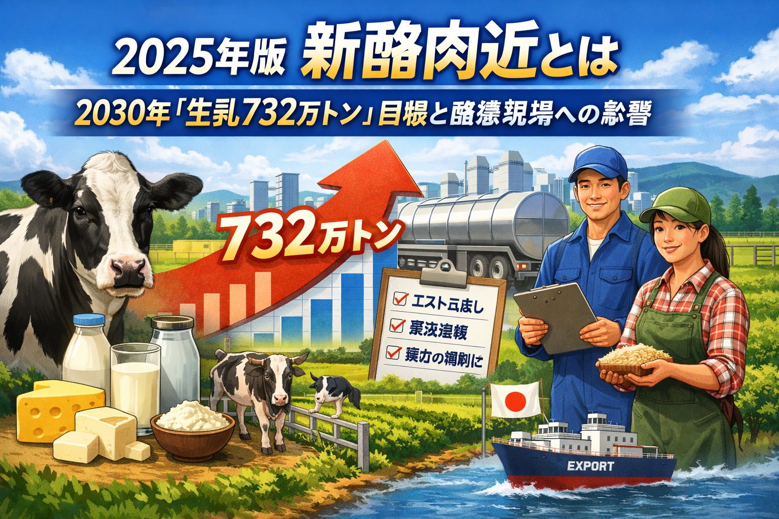 2025年版新酪肉近と2030年生乳732万トン目標を解説する酪農政策のアイキャッチ画像