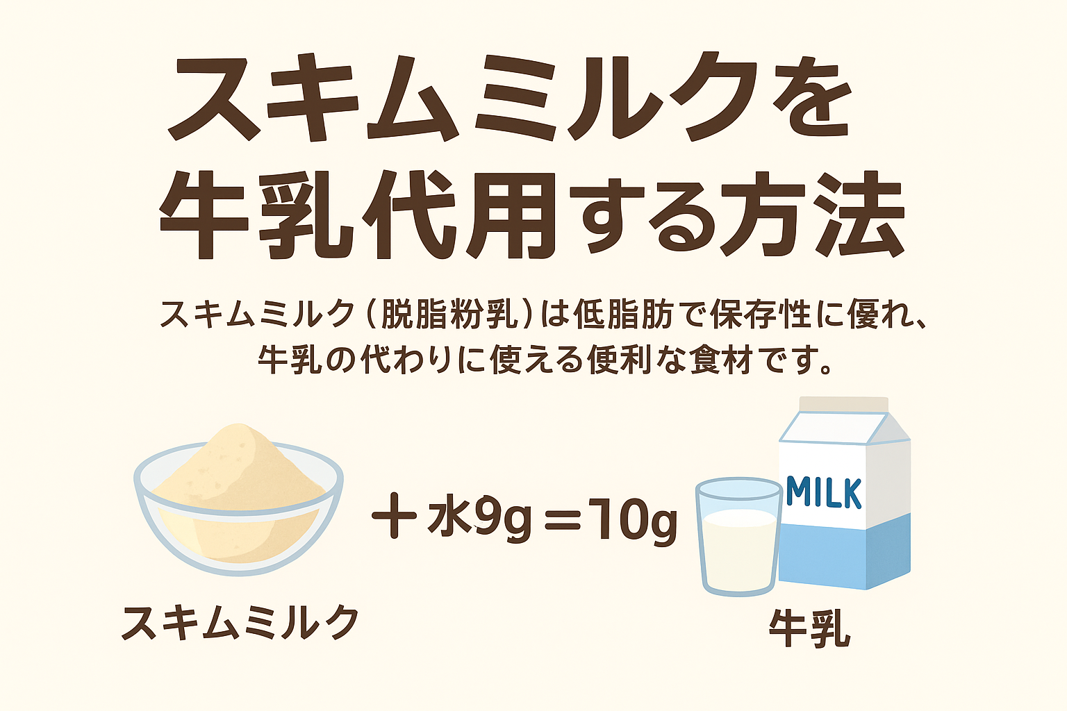 スキムミルクを牛乳の代わりに使う方法を示す換算式入り解説画像（スキム1g＋水9g＝牛乳10g）