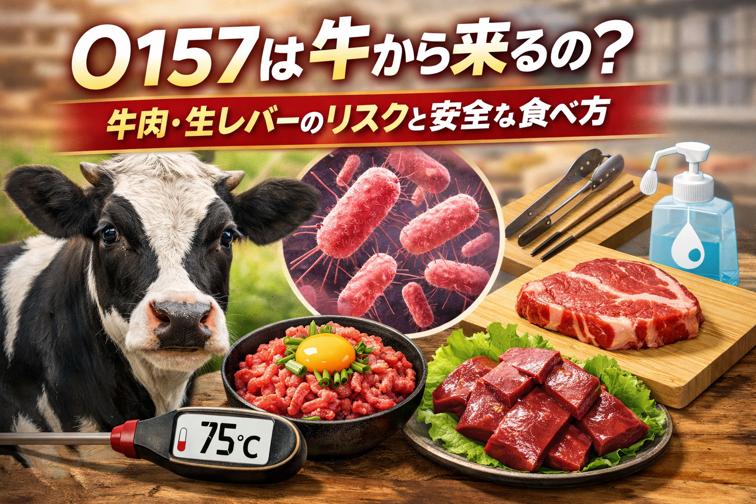O157は牛から来るのかを解説するイメージ｜牛肉・生レバーの食中毒リスクと安全な加熱温度75℃