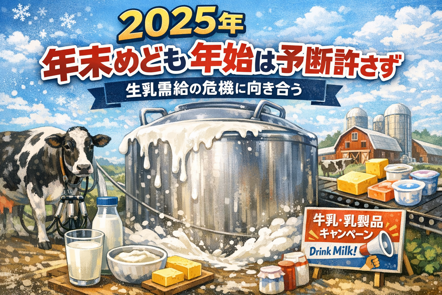 2025年末年始の生乳需給問題を示すイラスト｜年末はめども年始は余乳リスク