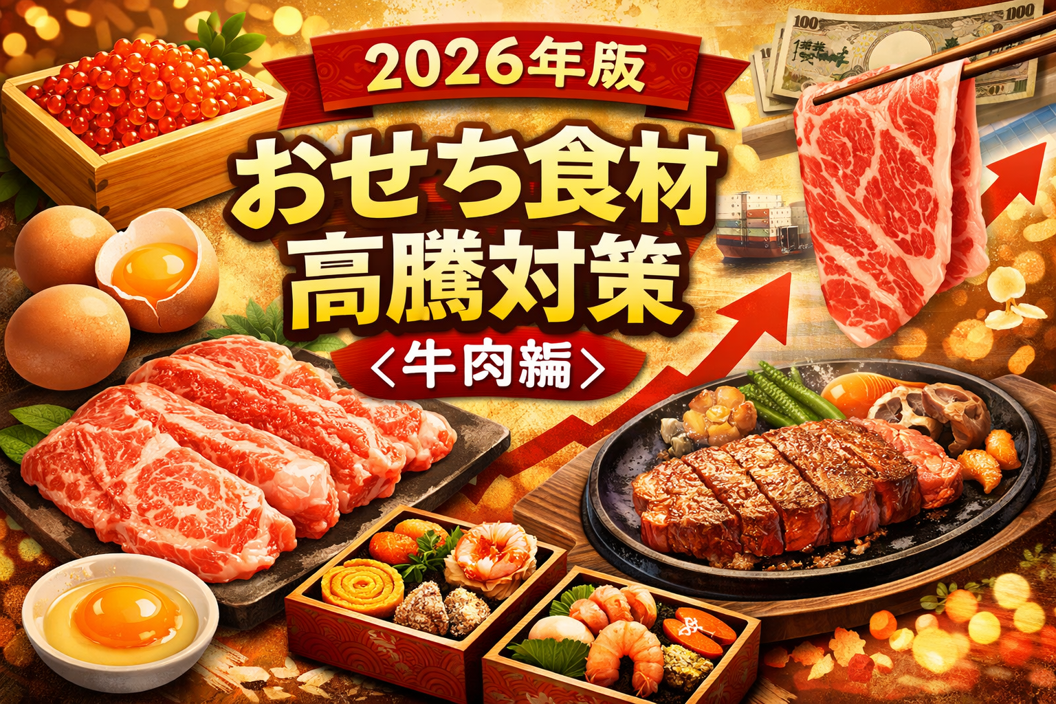 2026年おせち食材の高騰対策を解説するアイキャッチ画像｜牛肉・イクラ・卵の価格上昇と節約ポイント