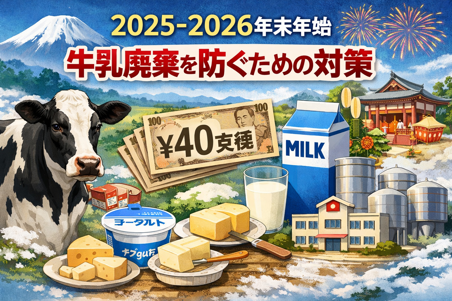 2025-2026年末年始の生乳廃棄対策を示すイメージ。農水省40円支援とJミルクの需給調整、牛乳と乳製品の象徴的ビジュアル