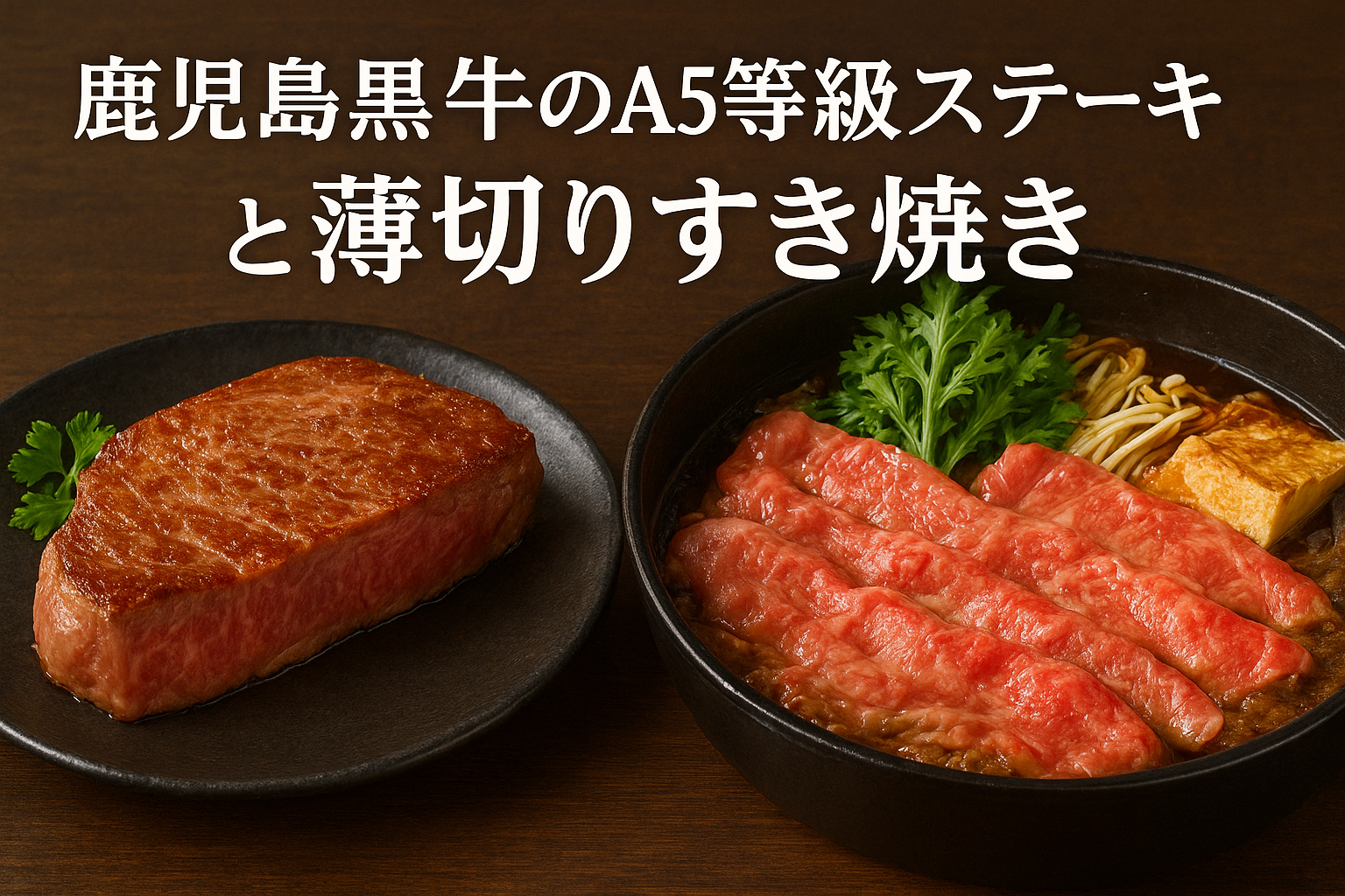 鹿児島黒牛のA5等級ステーキとすき焼き