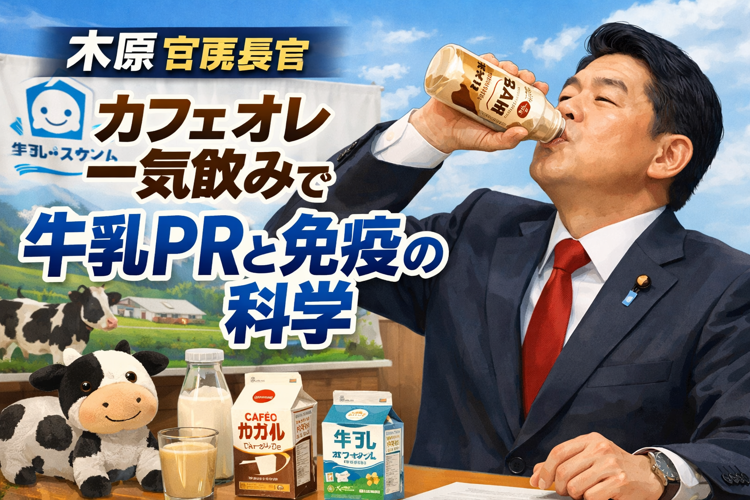 木原官房長官が熊本県産カフェオレを一気飲みし牛乳消費と免疫をPRする記者会見の様子