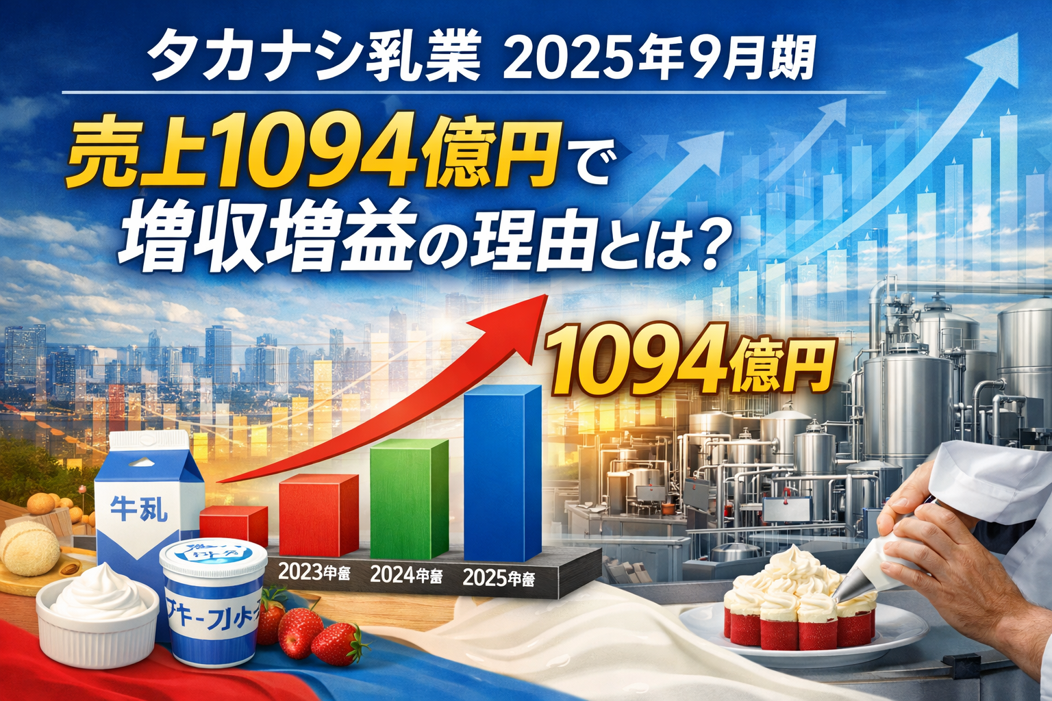 タカナシ乳業の2025年9月期決算で売上1094億円となり増収増益の理由を示した業績グラフと乳製品イメージ