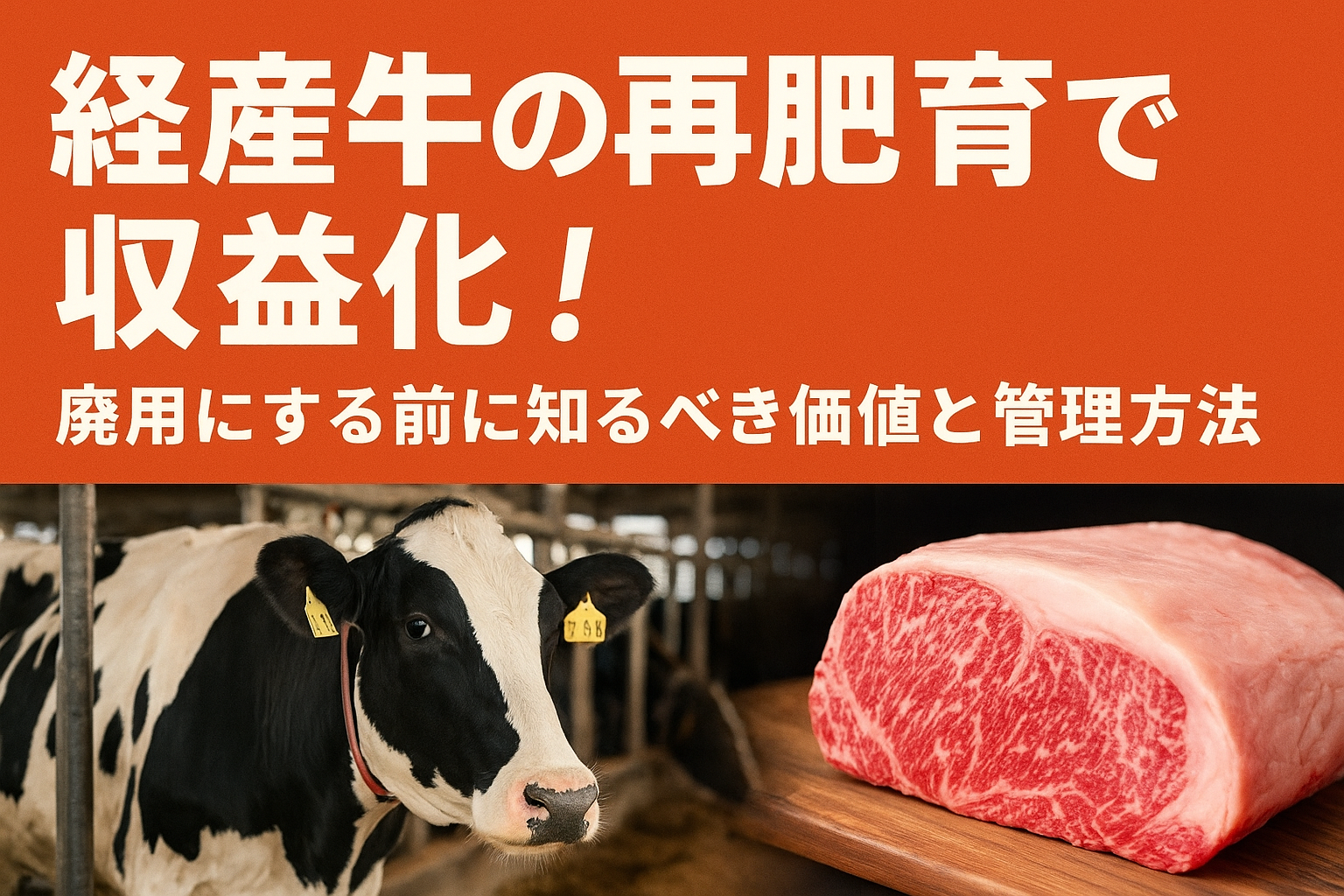 経産牛の再肥育で収益化を図る酪農イメージ。牛舎の乳牛と再肥育で仕上がった赤身肉を並べ、経営改善・食品ロス削減を想起させるビジュアル。