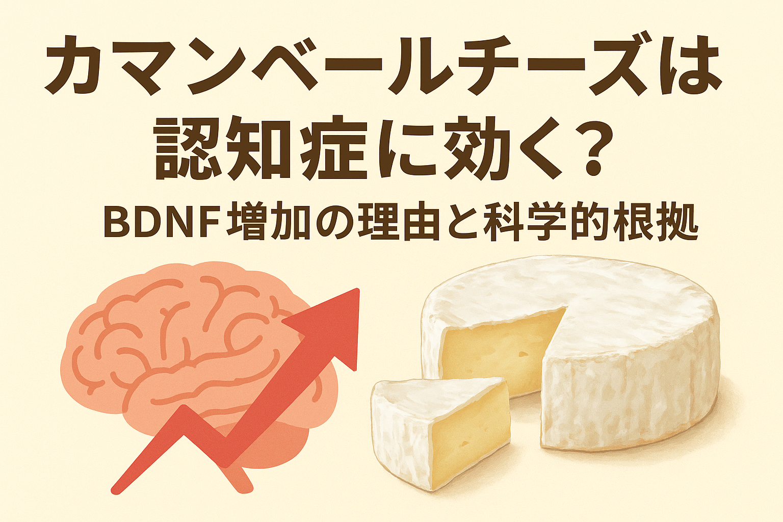 カマンベールチーズと脳のイラスト、BDNF増加による認知症予防の科学的根拠を示す画像