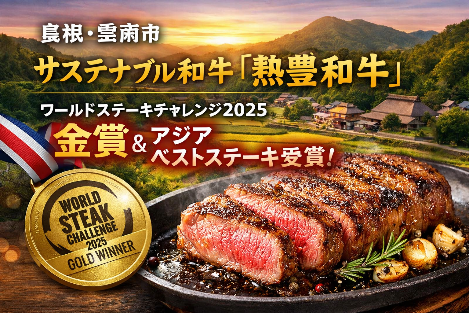 島根県雲南市のサステナブル和牛「熟豊和牛」がワールドステーキチャレンジ2025で金賞とアジアベストステーキを受賞したステーキ画像