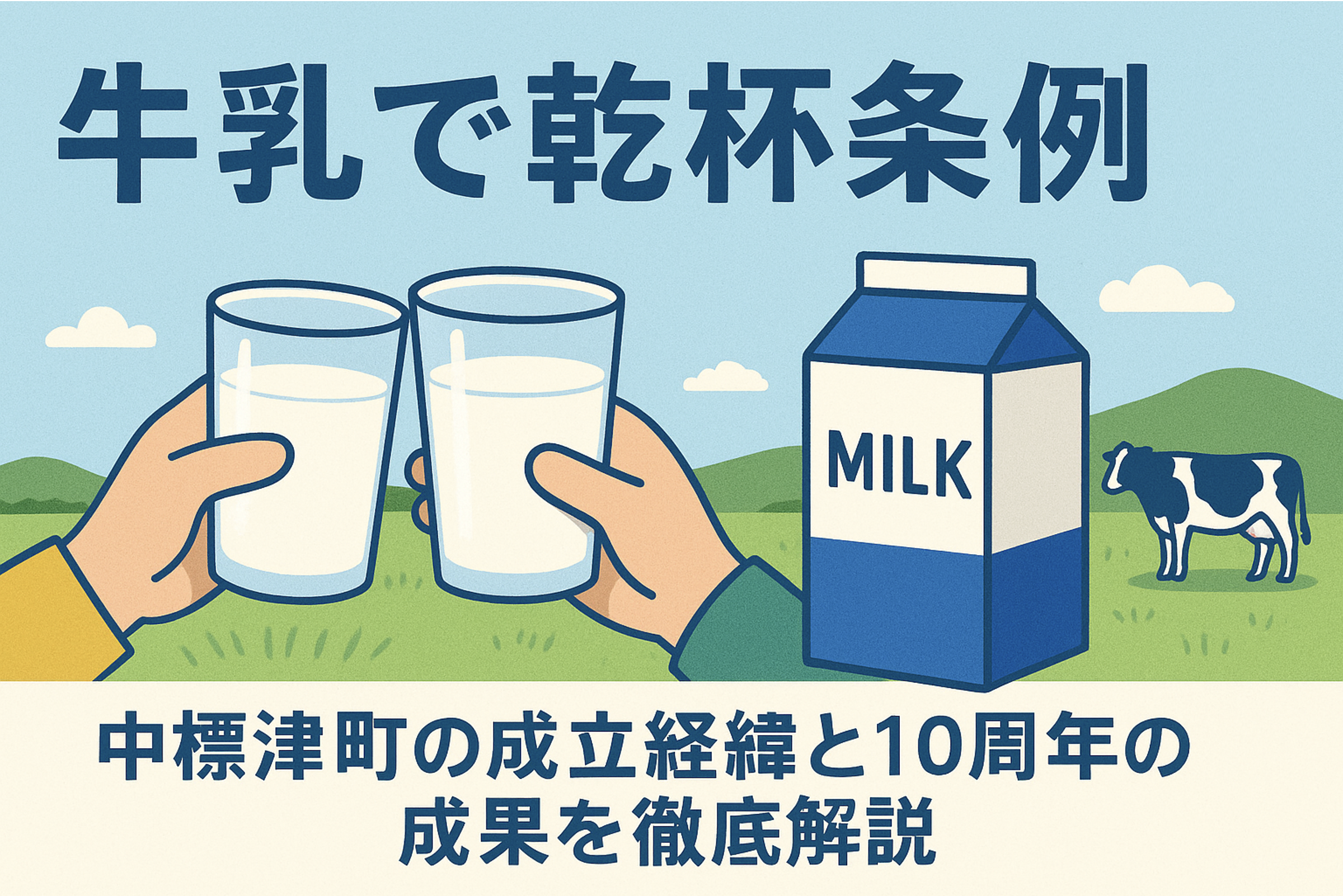 牛乳で乾杯条例を紹介する中標津町のアイキャッチ画像｜地場産牛乳と乾杯シーンのイラスト