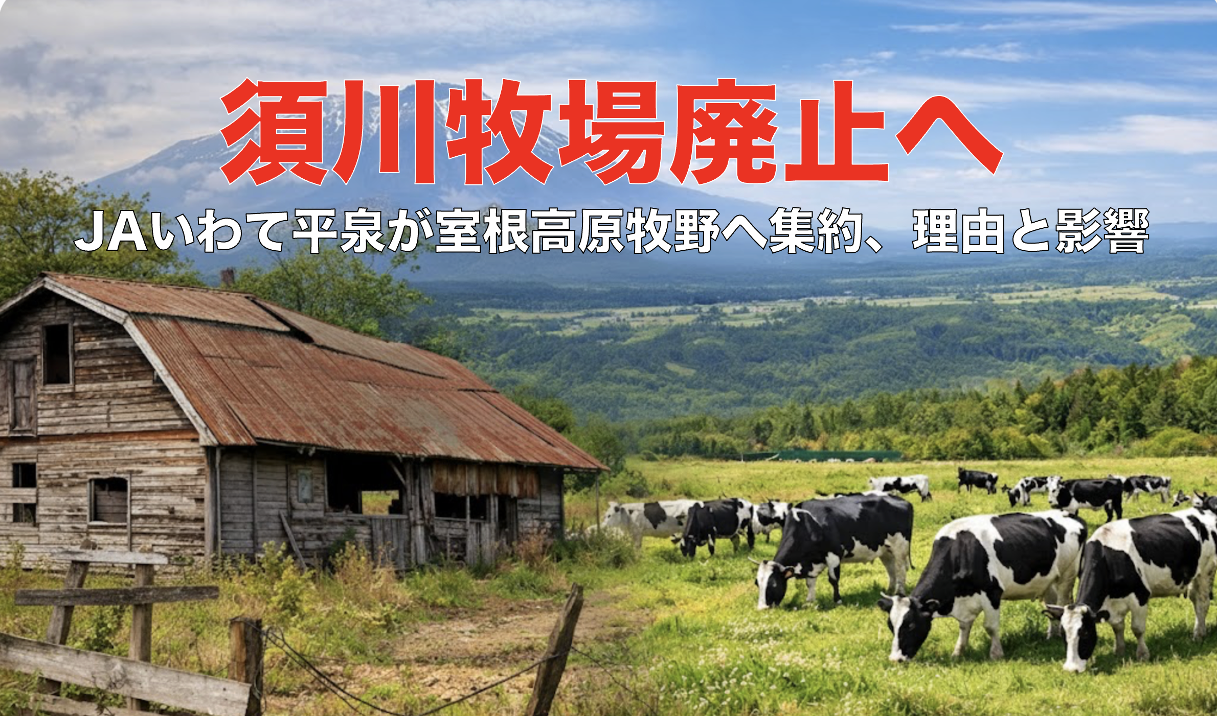 須川牧場の廃止と室根高原牧野への集約を伝える放牧風景と牧場施設の比較イメージ