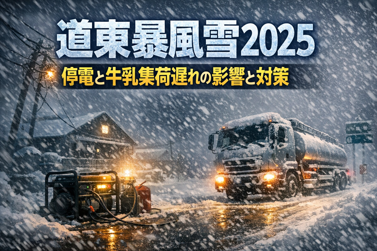 道東暴風雪2025による停電で発電機を稼働する酪農家と、雪道で集荷が遅れる牛乳タンクローリー