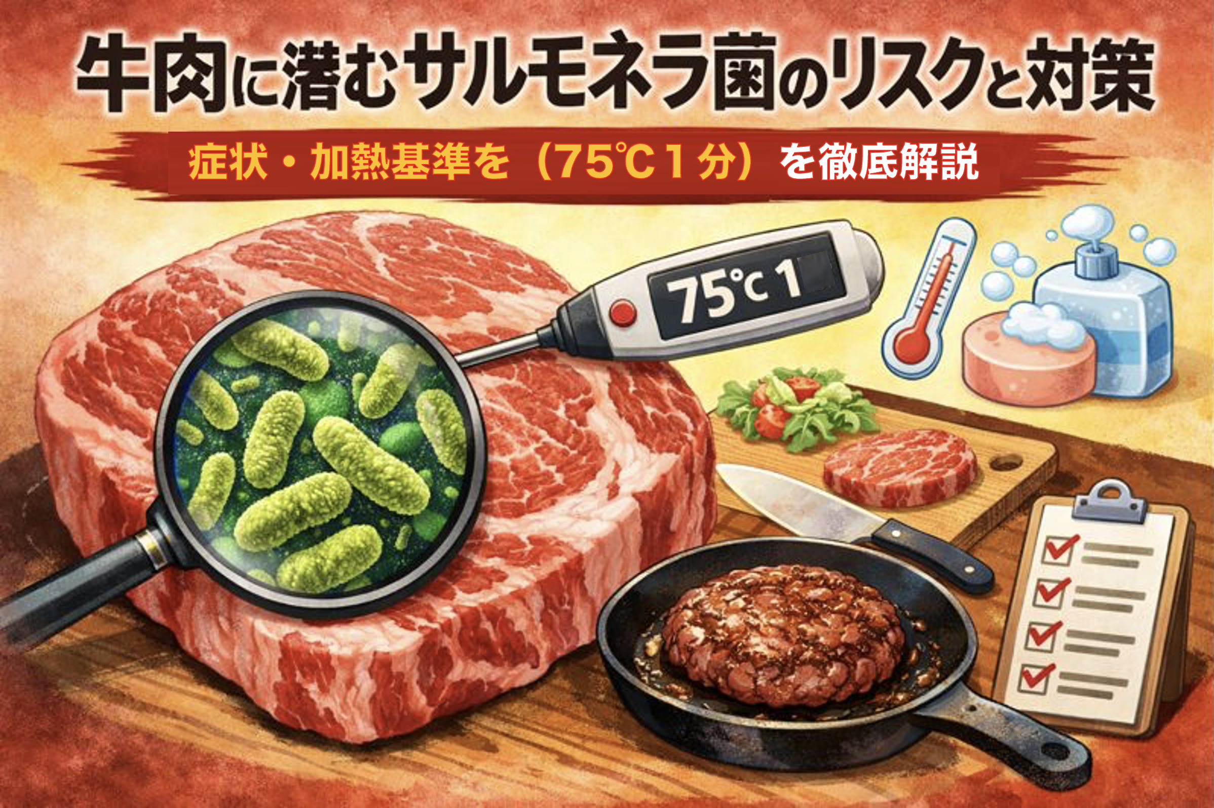 牛肉に潜むサルモネラ菌のリスクと対策を解説する図解｜中心温度75℃で1分の加熱基準と衛生管理