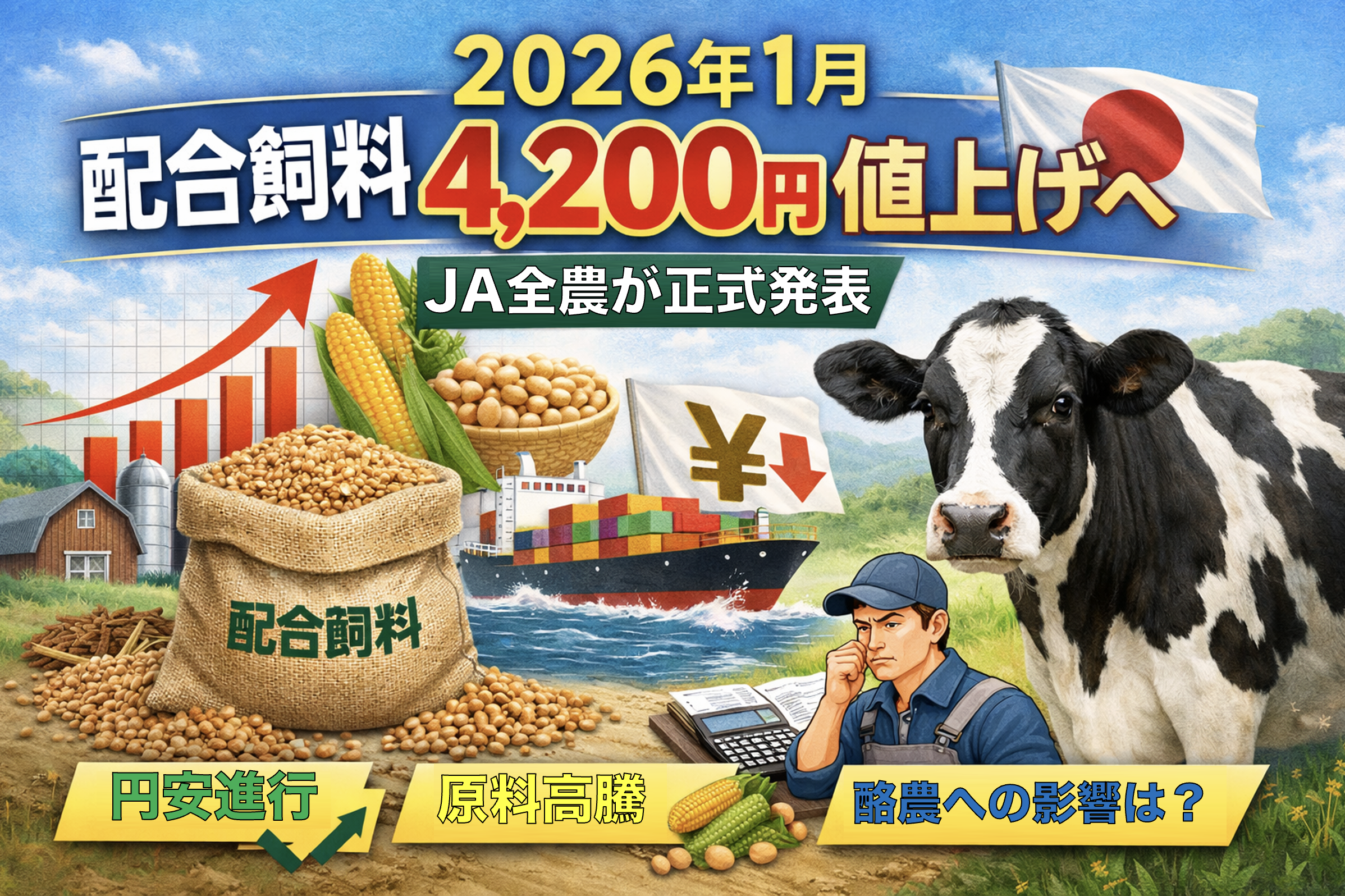 2026年1月からJA全農が配合飼料を1トン当たり約4200円値上げする公式発表と酪農経営への影響イメージ