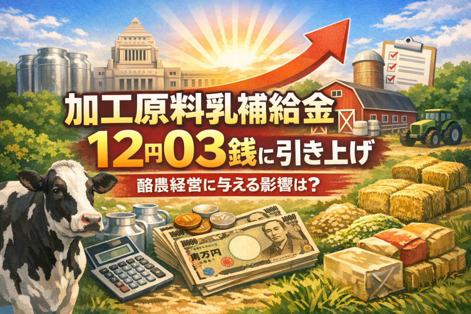 加工原料乳補給金が12円03銭に引き上げ、酪農経営への影響を解説するイメージ