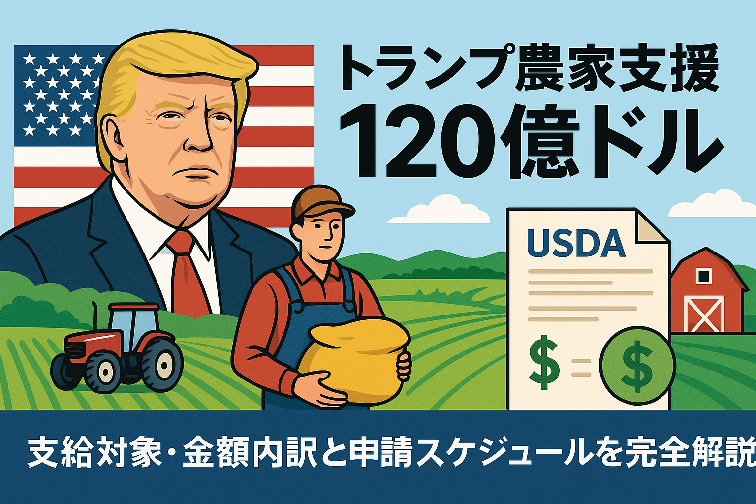 トランプ政権の農家支援120億ドルの内容とUSDAの給付概要を示すアイキャッチ画像