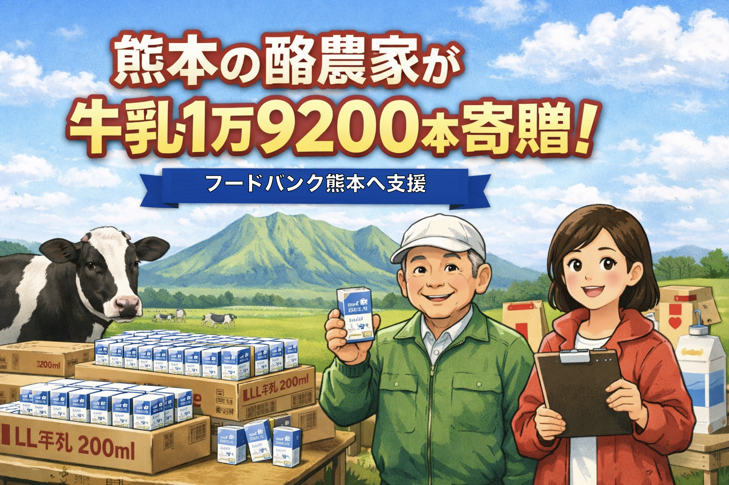 熊本の酪農家がフードバンク熊本へLL牛乳1万9200本を寄贈する地域支援の様子